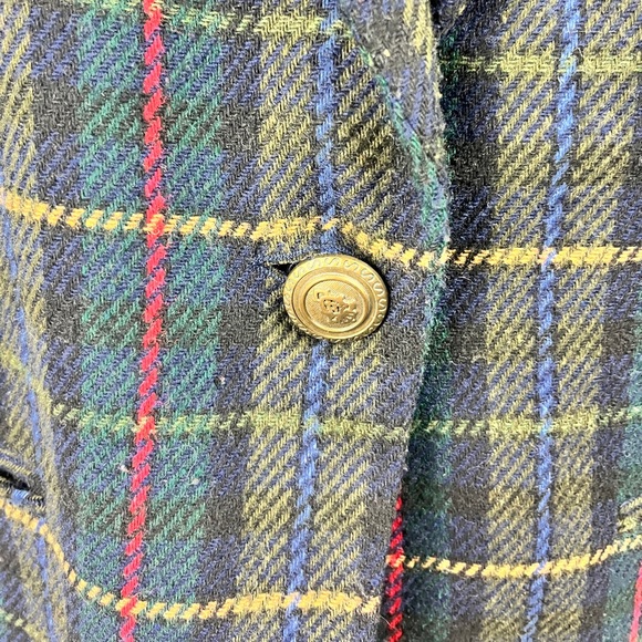 Vintage wool plaid green blazer with shoulder pads, & contrast collar,80’s,sz 14 - Picture 7 of 12